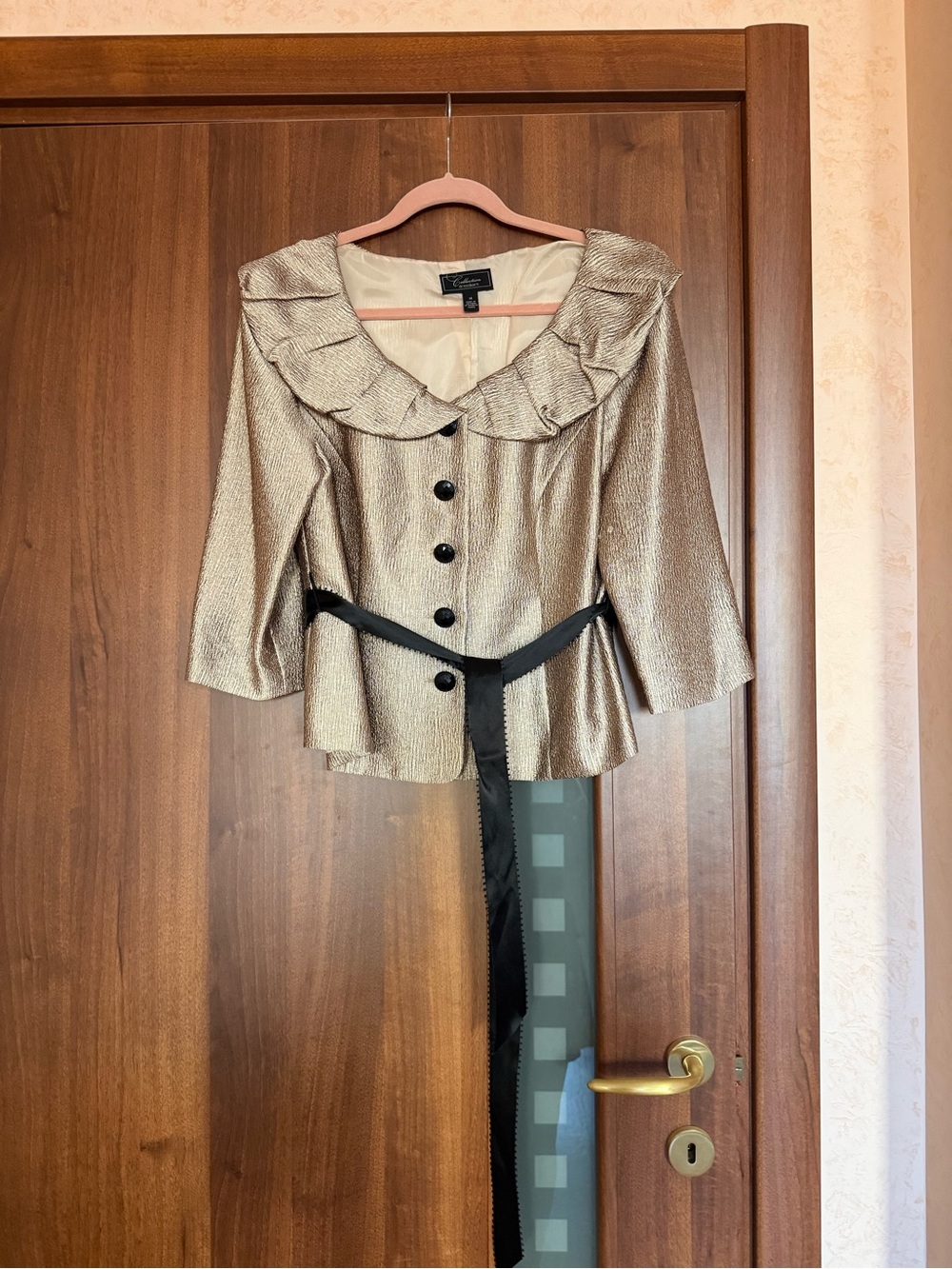 Collection by Dressbarn Gold Metallic Ruffle Portrait Collar Blazer Jacket 14